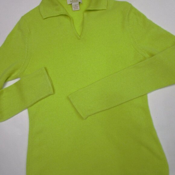 Chartreuse CASHMERE Pullover Sweater V Neck Polo Cuddly Knit Luxury - Picture 14 of 14